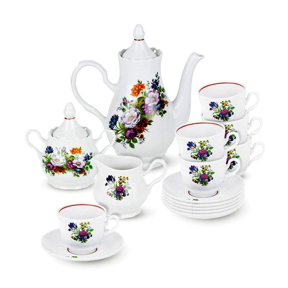 Flower Bouquet 15-Piece Porcelain Coffee Set for 6 Persons