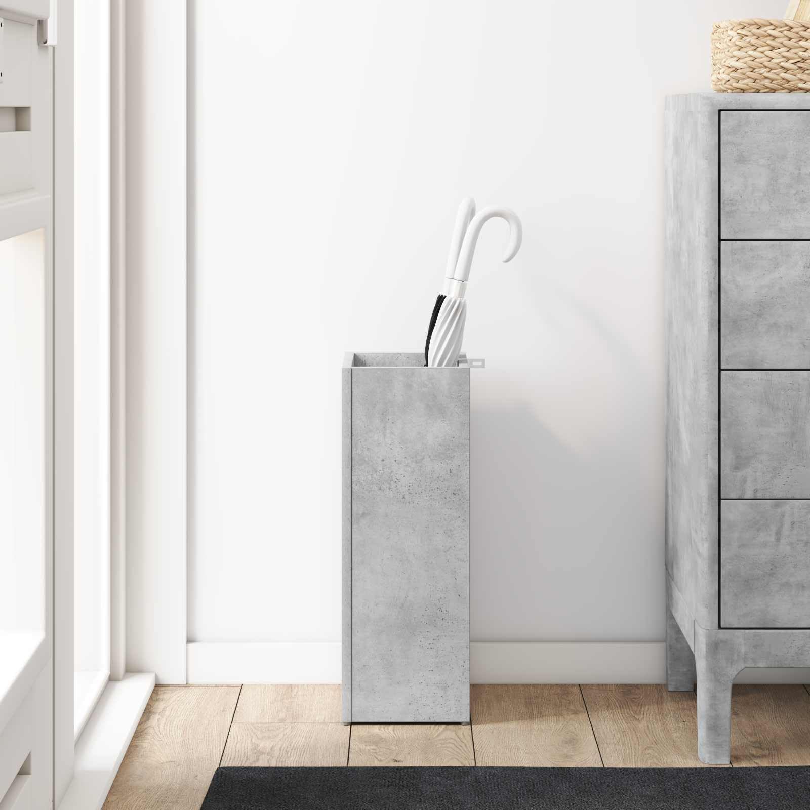 Supporto per ombrellone in cemento grigio, 20 x 20 x 55,5 cm, autoportante, per corridoio, ingresso, ingresso, con vaschetta raccogligocce e ganci, salvaspazio, stabile, design moderno