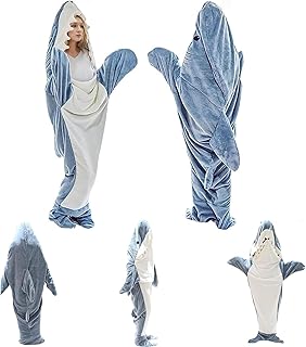 Shark Blanket Wearable Flannel Blanket Cozy Blanket Hoodie Shark Sleeping Bag Cartoon Animals One-Piece Blanket for Adults & Kids Blue XL(61-66in)
