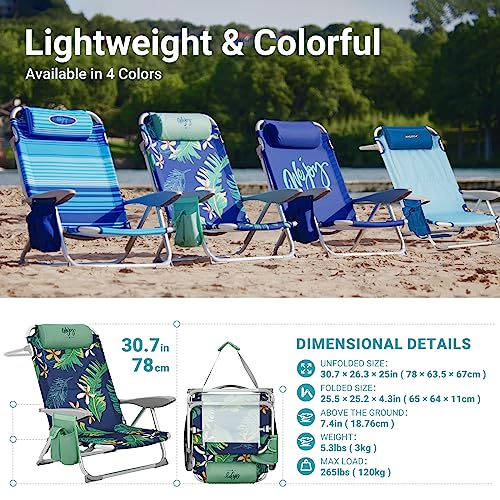 #WEJOY Aluminum Lightweight 4-Position Beach Chair, Reclining Low Folding Beach Chairs for Adults with Carry Strap Cup Holder Pocket Armrest Headrest for Outdoor Camping Lawn (Rainforest)