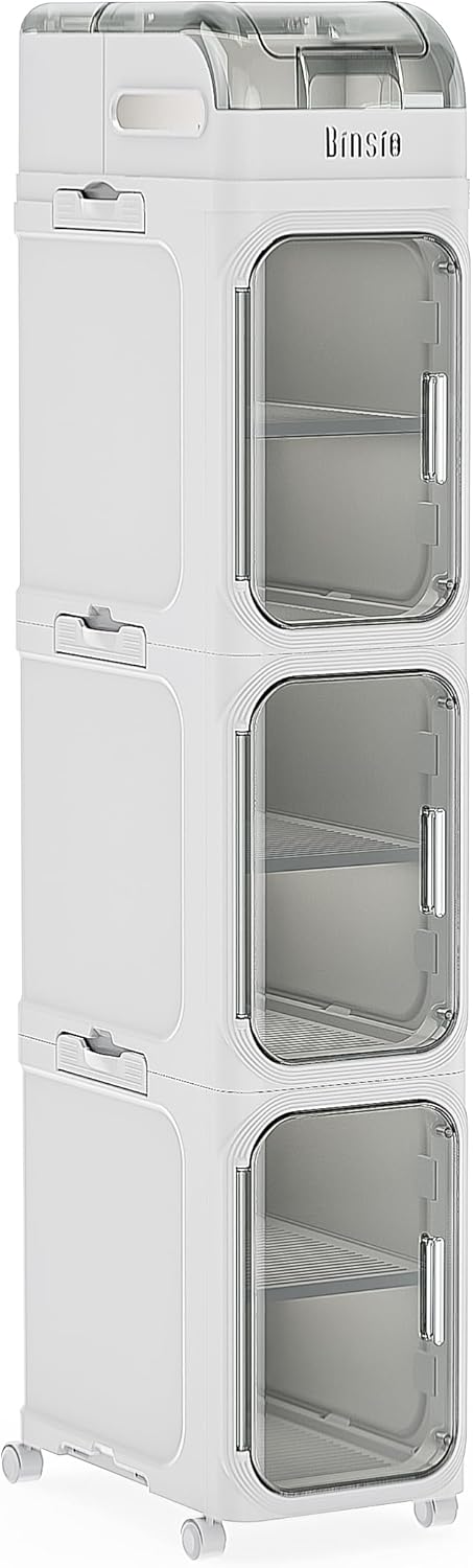 BINSIO 4-Tiers Toilet Paper Storage, Slim Bathroom Organizers and Storage, Bathroom Counter Organizer, Bathroom Organizer Storage Cabinet, Portable Laundry Room Organization, Plastic White Clear Doors