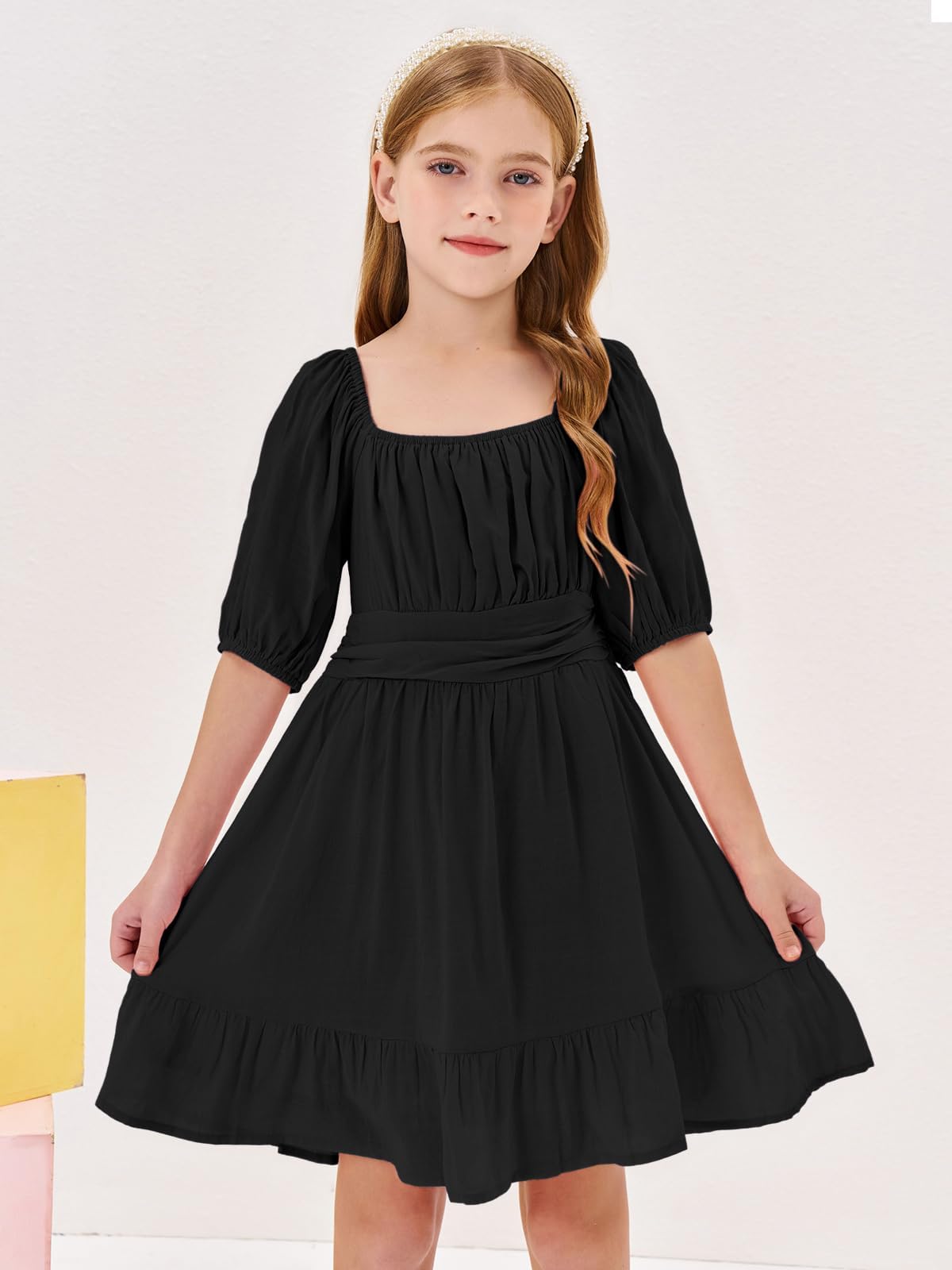 Haloumoning Mädchen Sommerkleider Kurzarm Quadratischer-Ausschnitt Schnürung Rückenfrei Rüsche A-Linie Party Minikleid