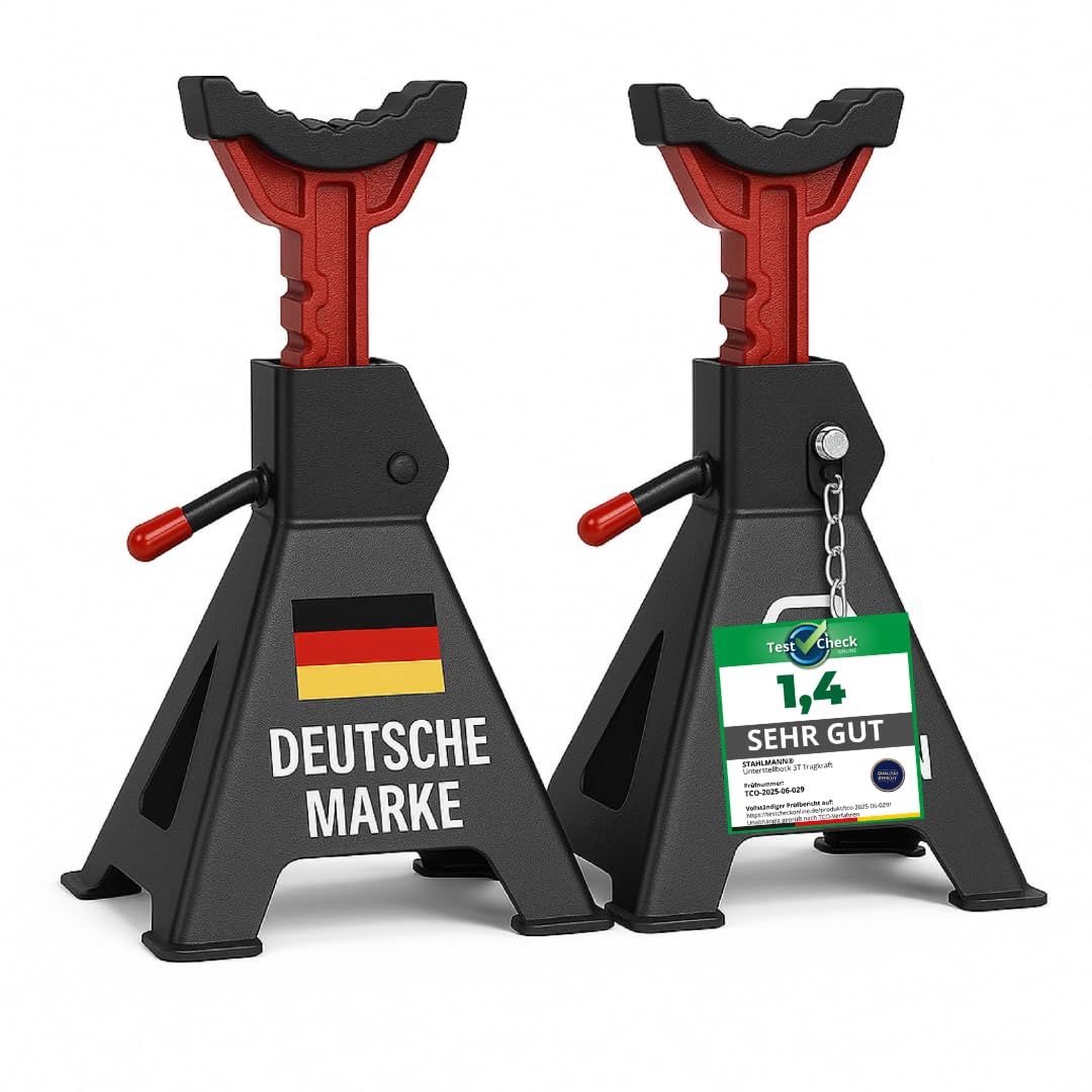 Stahlmann® Unterstellbock 3T Tragkraft im 2er Set – Höhenverstellbar 28–42,5 cm mit Sicherungssplint – Robuste Gusseisen Wagenheber Stützböcke für PKW, SUV & Kleintransporter (2 Stück / 3 Tonnen)