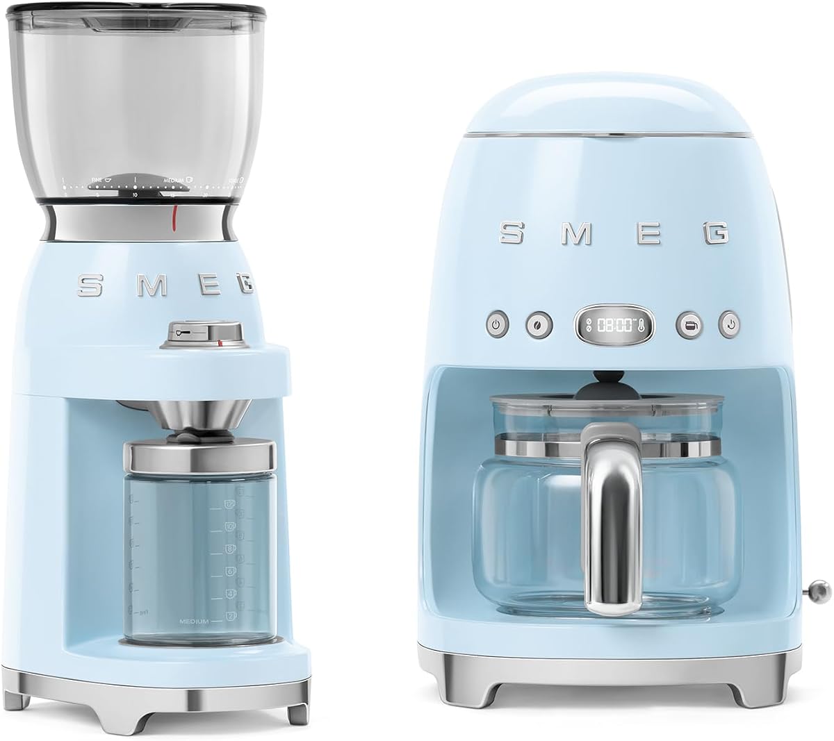 Smeg DCF02 Drip Coffee Maker & CGF11 Burr Coffee Grinder Set-Retro Modern Style, Programmable with Auto Brew, 10-Cup, 2-Piece Bundle (Pastel Blue)