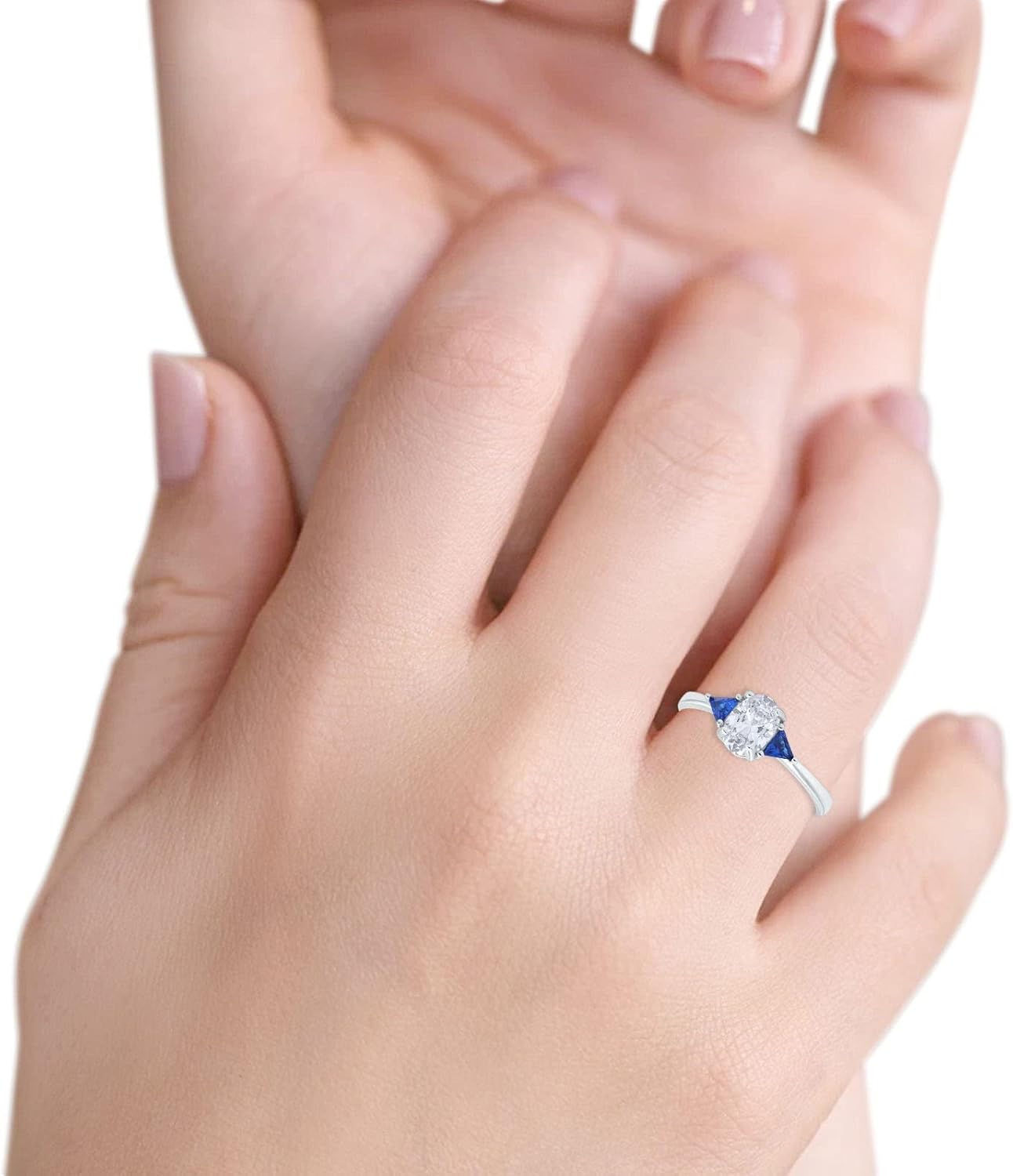 Vintage Art Deco Oval Wedding Engagement Bridal Ring Triangle Blue Sapphire Simulated Cubic Zirconia 925 Sterling Silver
