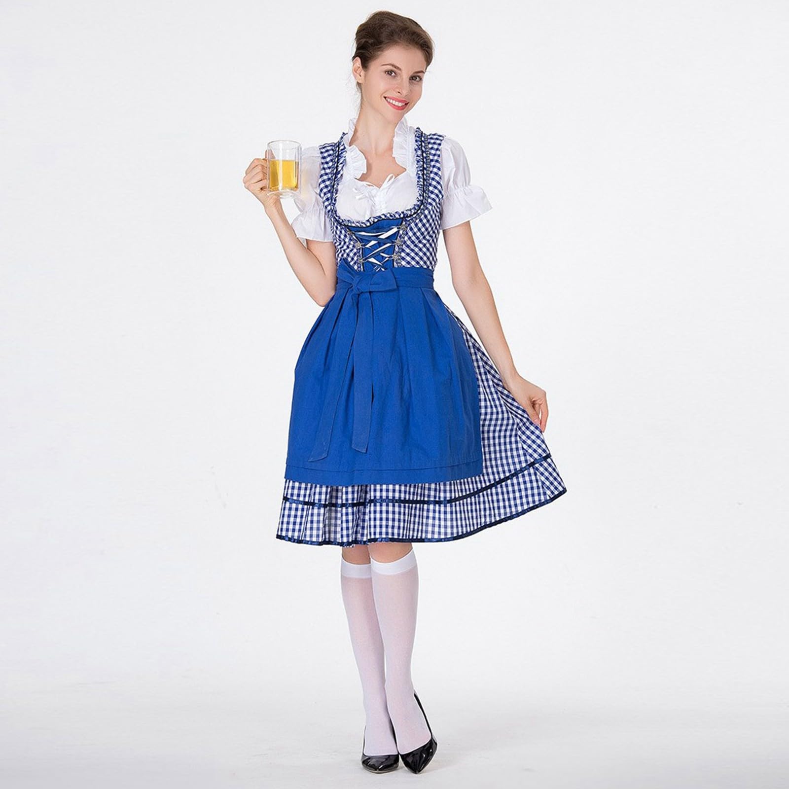 Dirndl Damen Midi Dirndlkleid Trachtenkleid Oktoberfest Bierfest Cosplay Elegantes Hofkleid Outfit mit weißer Bluse für Frauen saisonale Partykleidung Spitze Midi Dirndlkleid Kleid für
