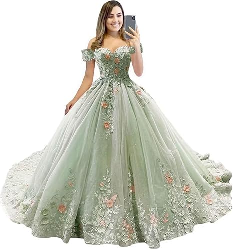 Mauuwy Vestidos de quinceañera de flores florales de encaje de princesa, vestido de baile de tul brillante hinchado dulce 16 vestidos para fiesta de