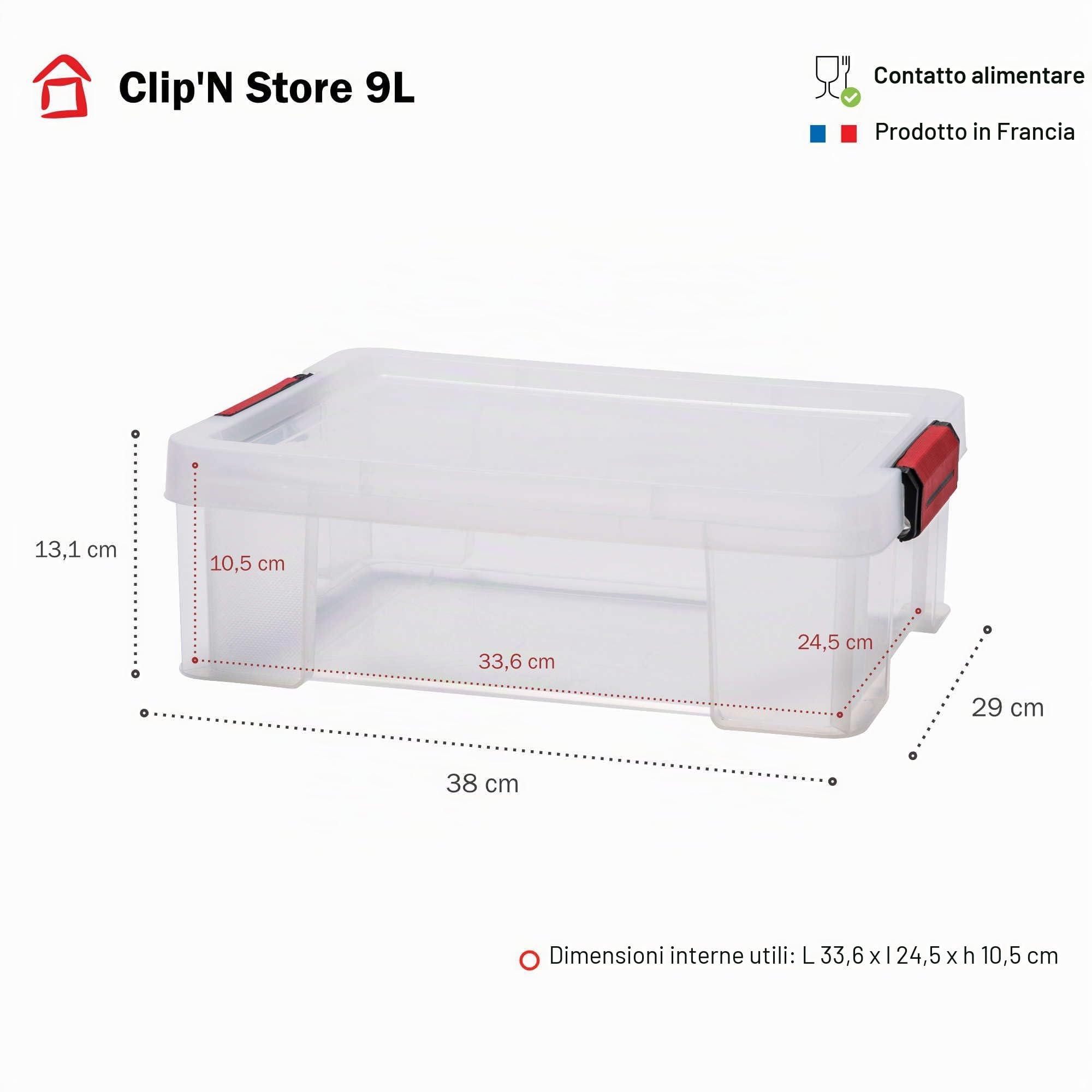 Sundis set di 4 contenitori rinforzati CLIP'N STORE 9L, Trasparente con coperchio a scatto, impilabile, idoneo al contatto alimentare | Con coperchio a clip, in plastica trasparente, adatte al contatto alimentare, pareti diritte, impilabili e combinabili
