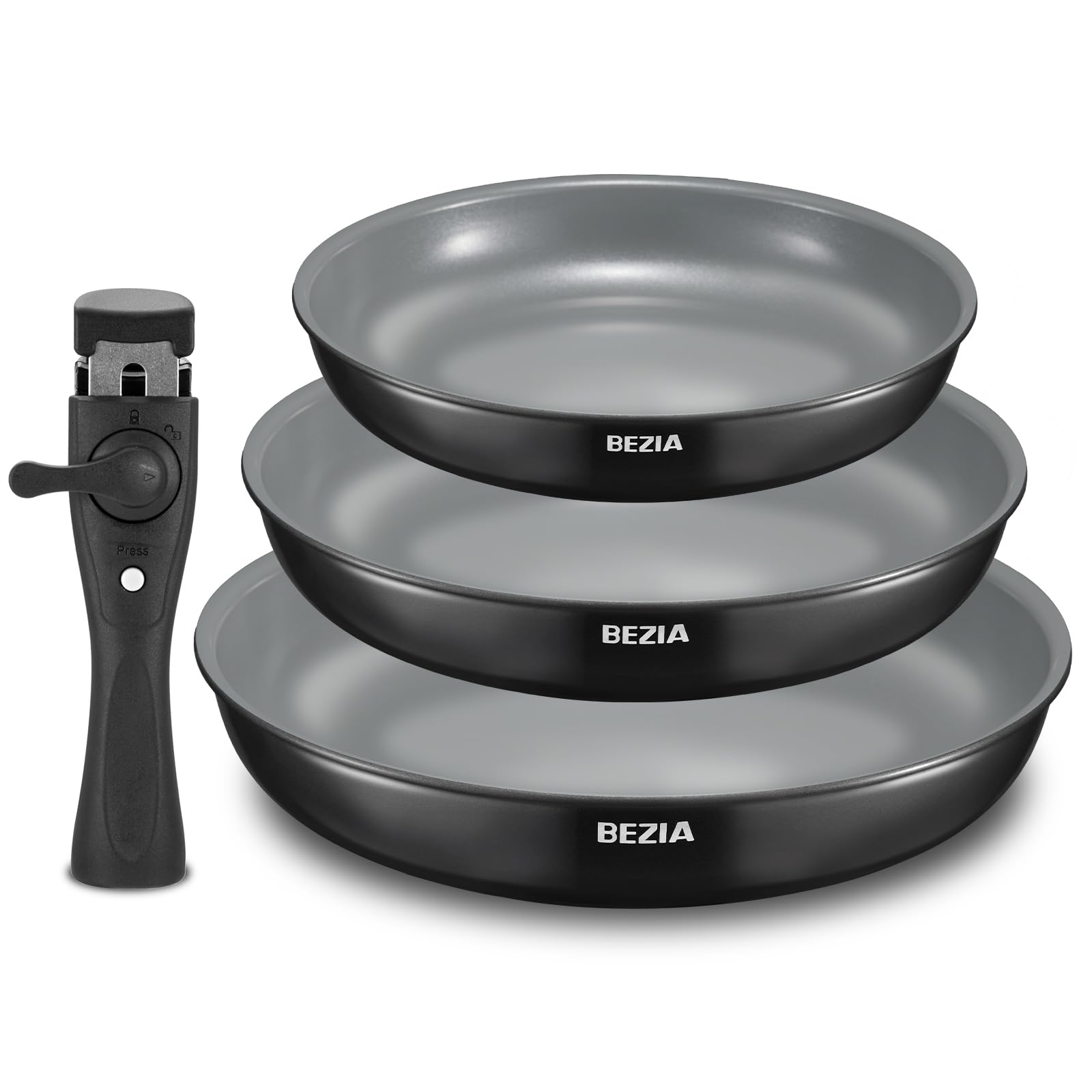 BEZIA Set 3 Padelle Antiaderenti in Ceramica con Manico Removibile, Padelle Induzione per Camper e Cucina Piccola, Impilabili, Adatte al Forno 240°C, Senza PFAS, 20-24-28 cm
