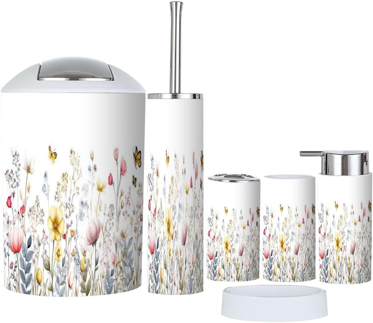 Bathroom Accessories Set 6 Pcs Watercolor Floral Seamless Colorful Wildflowers Leaves Plants Toothbrush Holder Cup Soap Dispenser Soap Dish Toilet Brush Holder Trash Can for Countertop Decor
