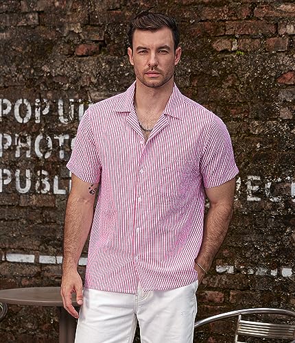 Image of VATPAVE Mens Striped Summer Shirt Casual Button Down Short Sleeve Beach Shirts Cotton Shirts for Men