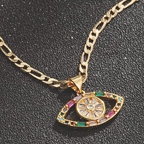Evil Eye Necklace for Women 14K Gold Plated White Color Cubic Zirconia Inlay Evil Eye Pendant Necklace 3mm Figaro Chain Necklace 18/22 inches3