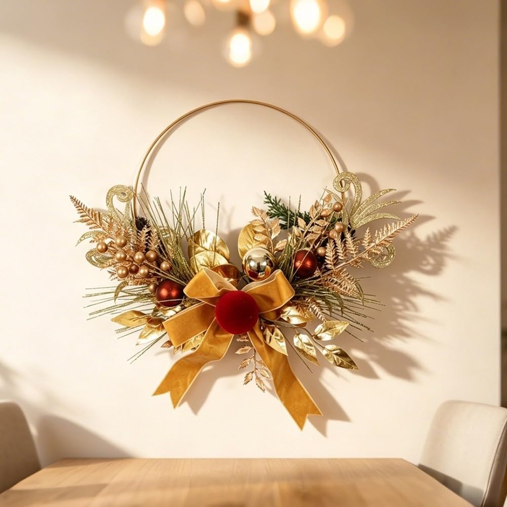 Corona de Navidad dorada de 17.8 pulgadas con luces LED de terciopelo metálico