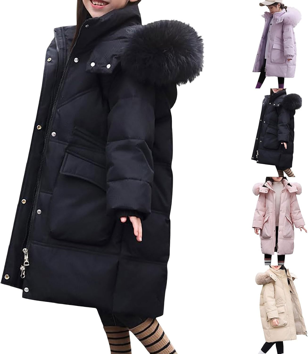 Kids Girls 𝗙𝘂r Hooded Puffer Coat Thicken Windproof Zip Up Down Jacket Winter Mid Length Parka with Pocket