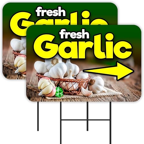 Paquete de 2 letreros de doble cara con ajo fresco, 16 x 24 pulgadas, con estacas de metal (fabricado en Texas)