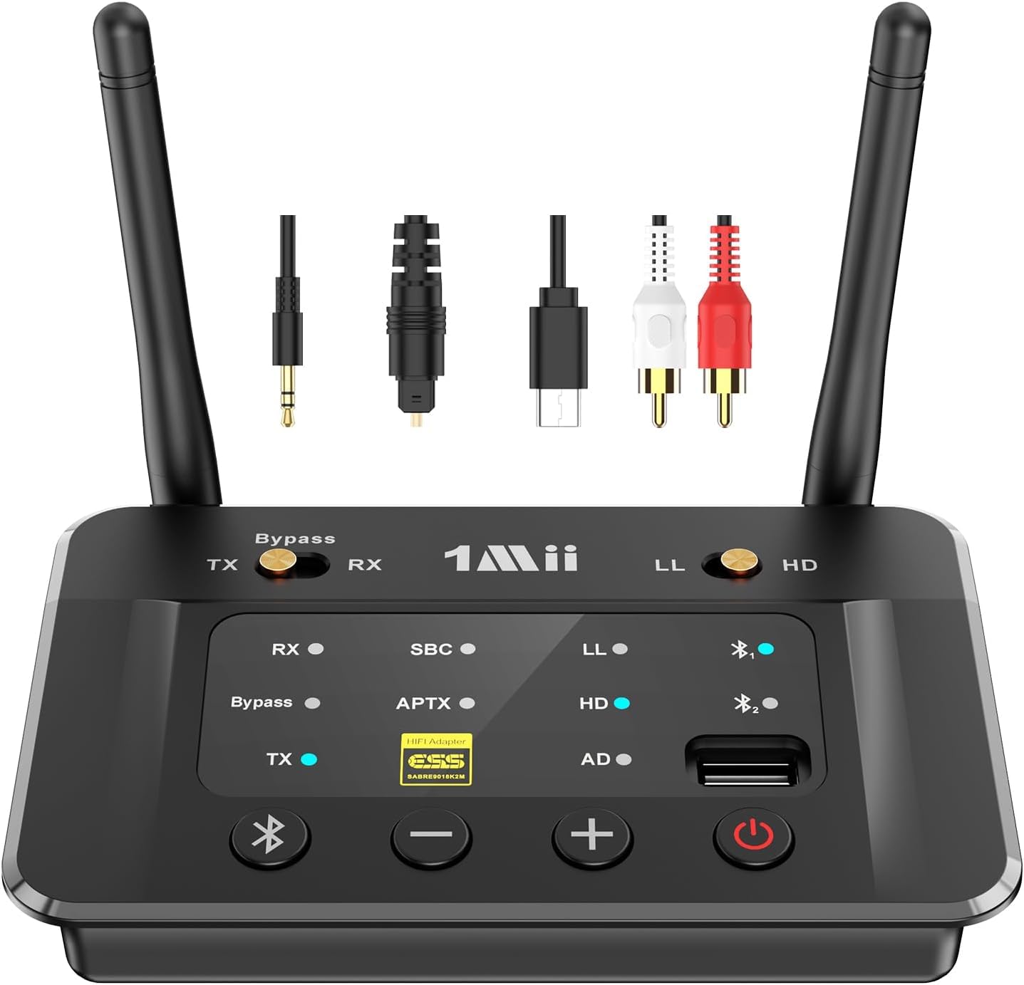 1Mii B03S Bluetooth Transmitter & Empfänger für TV und Stereoanlage, 3-in-1 HiFi Audio Adapter mit ESS DAC, aptX Adaptive & Low Latency, Dual Link für 2 Kopfhörer, Bluetooth 5.3, Optisch/Cinch/AUX