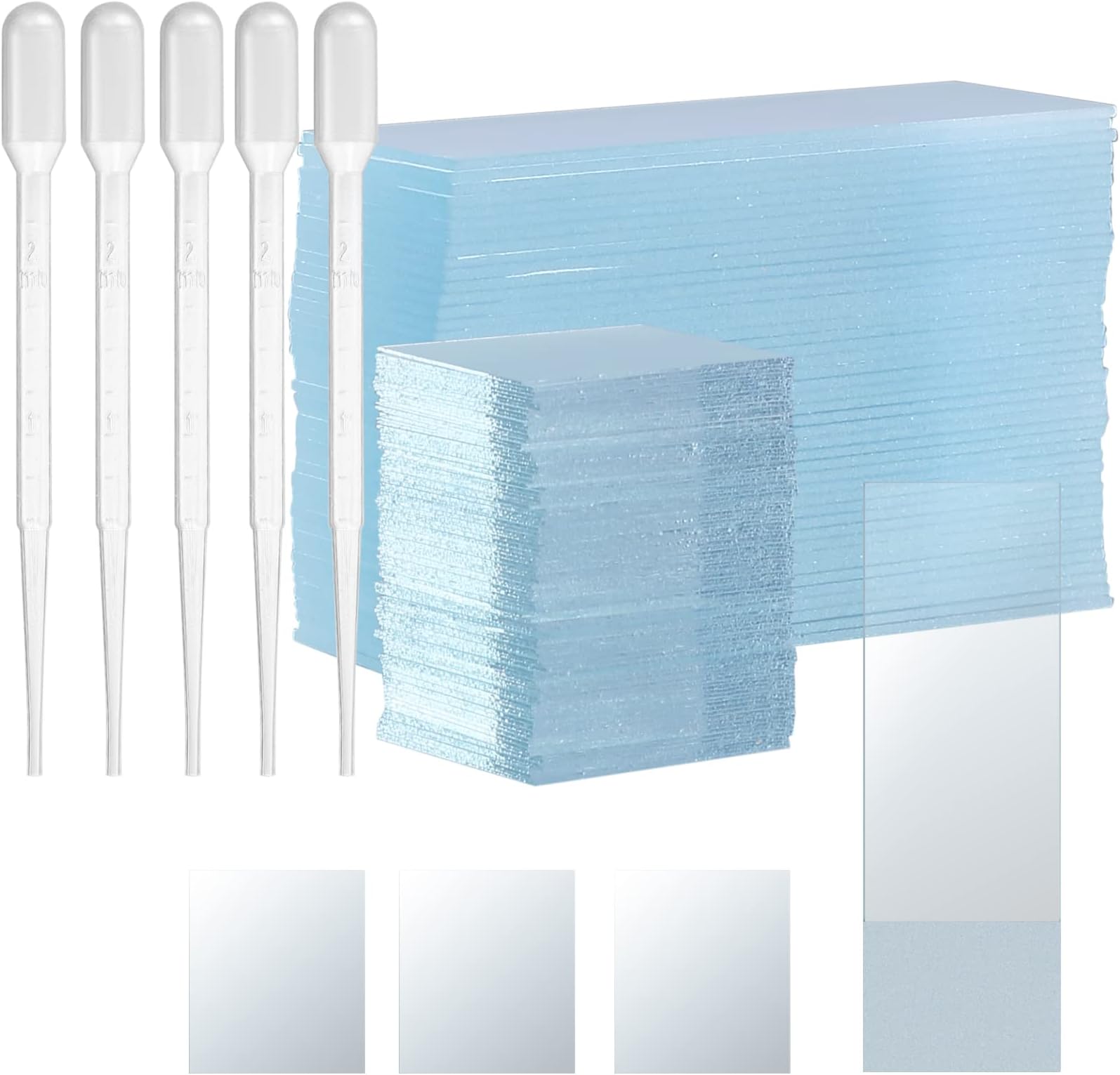 Microscope Slides and Cover Slips - 50 Prepared Sample Slides, 100 Pre Cleaned Cover Glasses, 5 Pcs 2ml Plastic Droppers