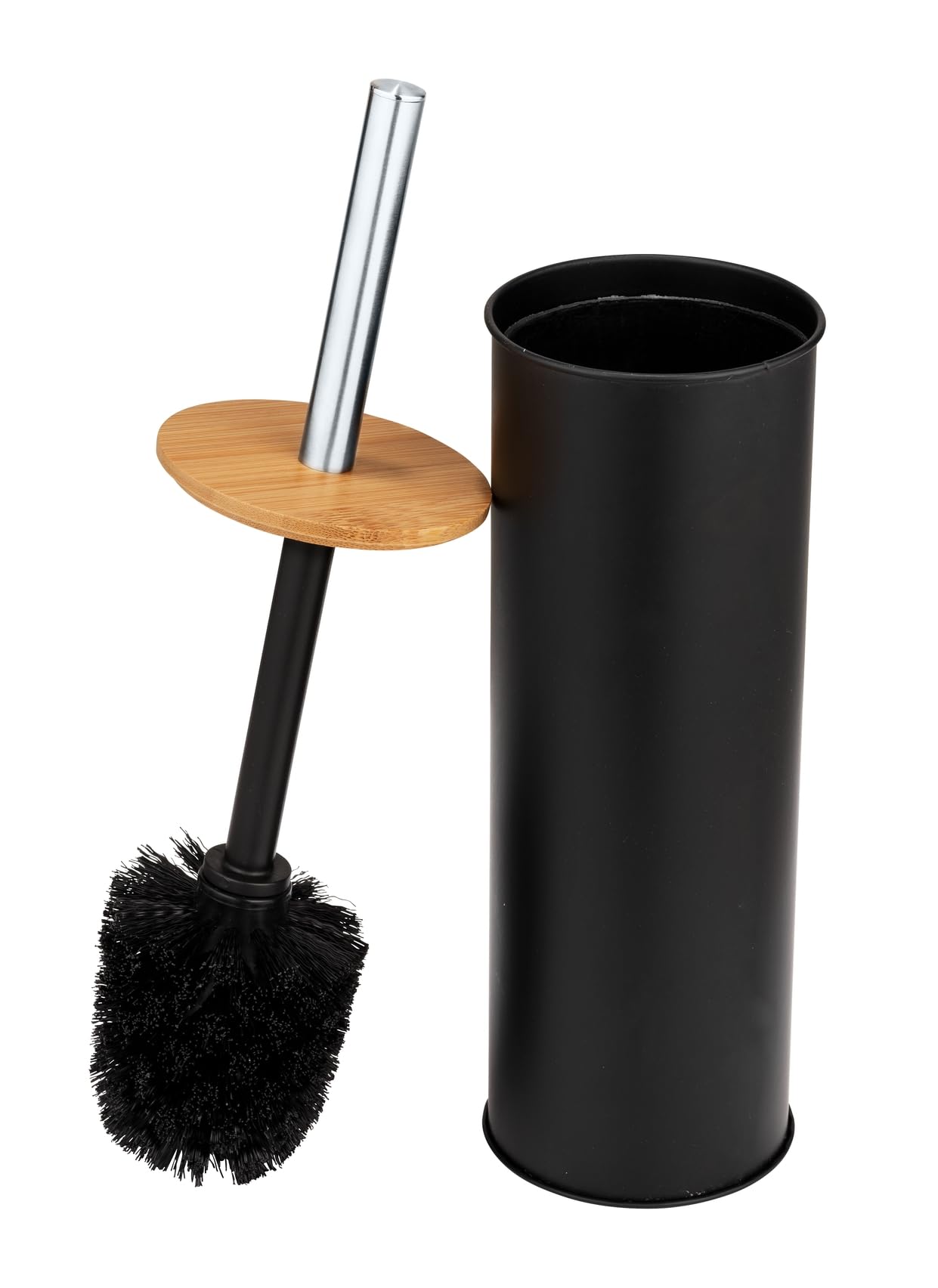WENKO Tortona Closed Toilet Brush Made of Steel, Combined with Bamboo, Diameter 9.5 x 38.5 cm, Black, 9,5 x 38,5 x 9,5 cm