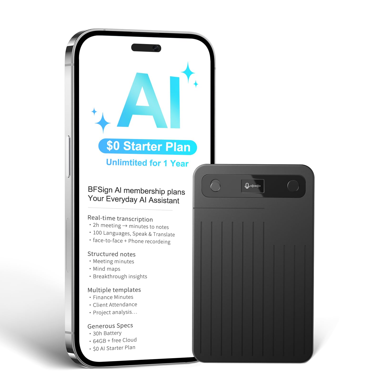 Note Pro AI Voice Recorder, 64GB AI Recorder mit Transkription, Echtzeitübersetzung 100 Sprachen, AI-Meeting-Minuten & Mind Maps, magnetisches Design, 400-mAh-Akku