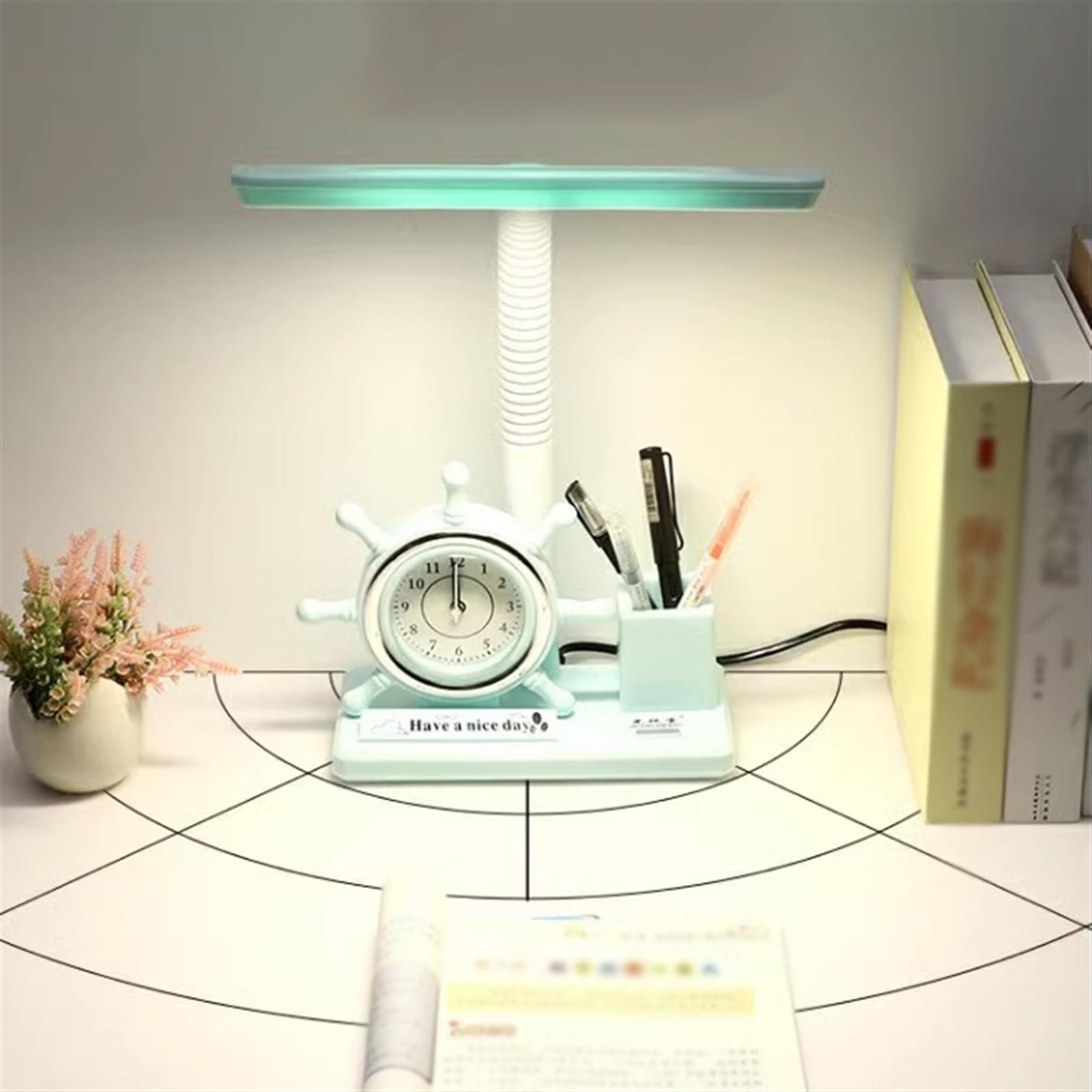 lampe de bureau Lampe de bureau avec protection des yeux, lampe de bureau LED enfichable avec petit réveil et porte-stylo, 3 modes d'éclairage, interrupteur à bouton lampe de lecture ( Color : Blauw )