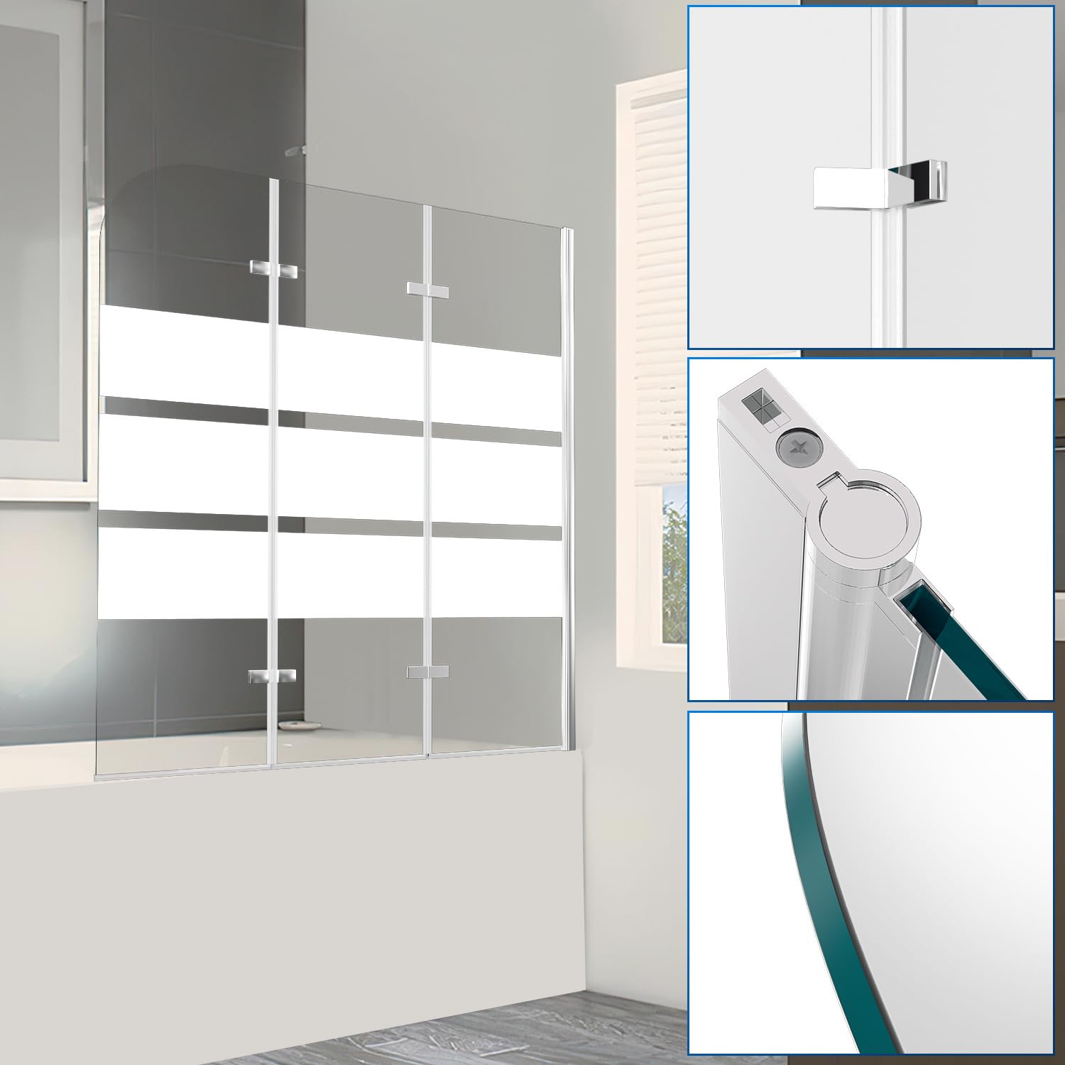Mampara de ducha plegable para bañera, 120 x 140 cm, 3 piezas, cristal ESG, mampara de ducha plegable con nanorrevestimiento, rayas blancas