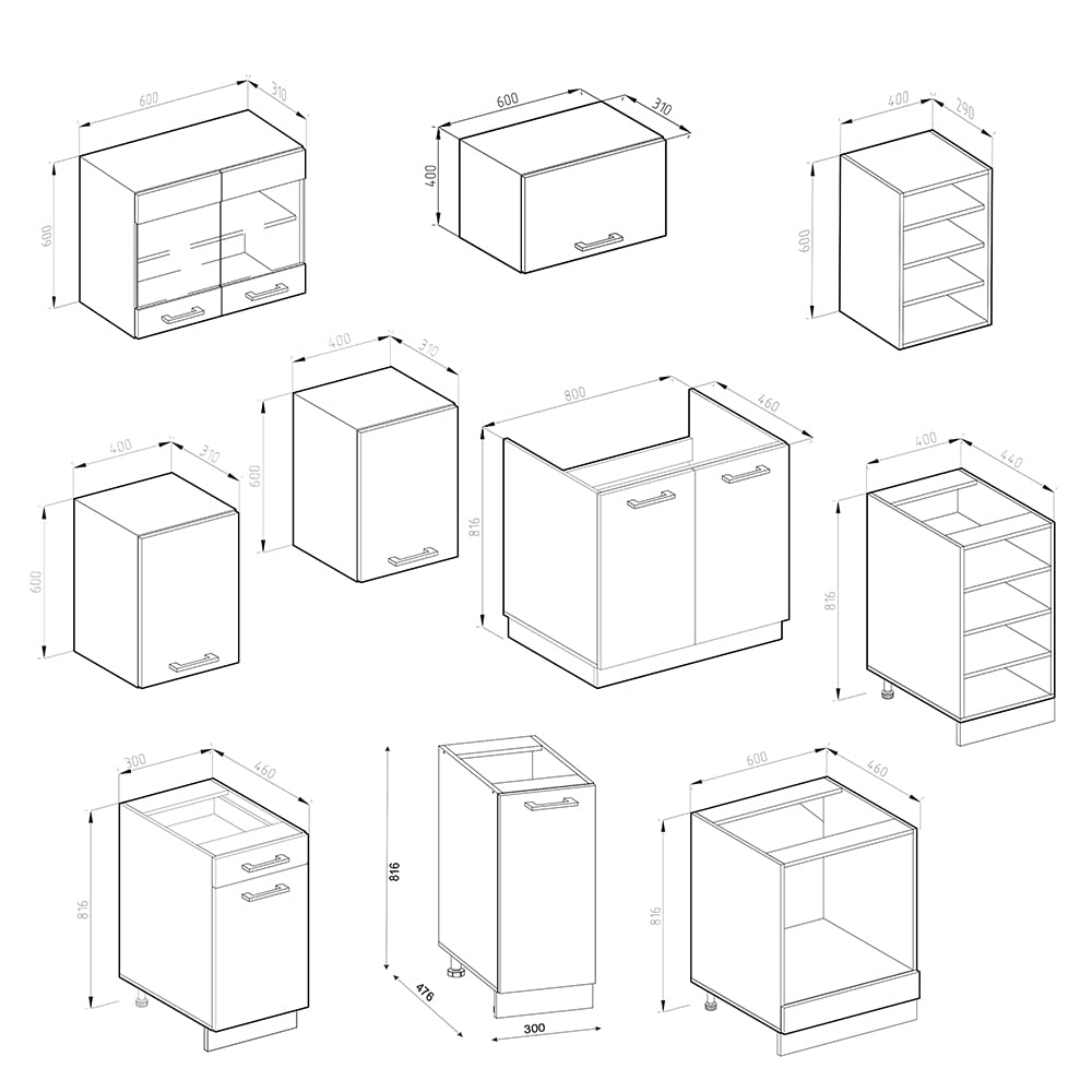 Vicco Küchenzeile R-Line, Anthrazit Hochglanz/Weiß, 240 cm ohne Arbeitsplatte, mit variabel kombinierbaren Modulen und höhenverstellbaren Füßen