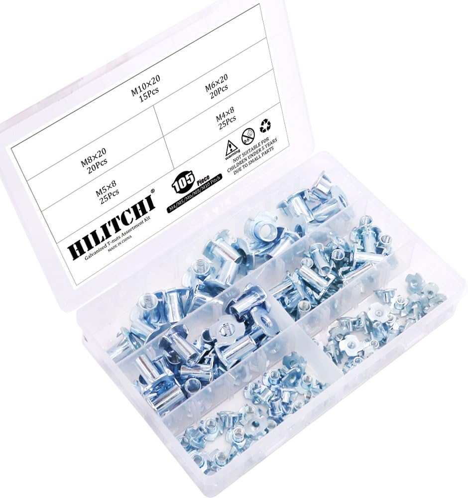 Hilitchi 105-Pcs M4 5 6 8 10 Zinc Plated Steel T-Nut Assortment Kit