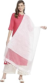 DUPATTA BAZAAR Women's White Linen Dupatta With Organza Border And Tassels, Free Size Price In India