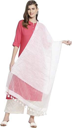 DUPATTA BAZAAR Women's White Linen Dupatta With Organza Border And Tassels, Free Size