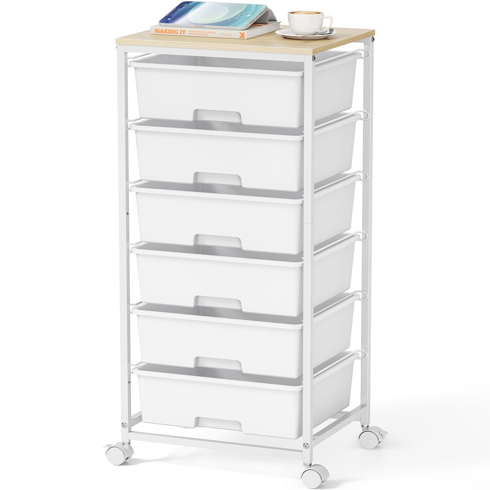 6-Drawer-Plastic-Rollong-Storage-Craft-Organizer-Trolley-Cart on Wheels with Wooden Tabletop for Home, Office, Classroom, Makeup, Art Supply Utility Storage Trolley Drawer Cart, White
