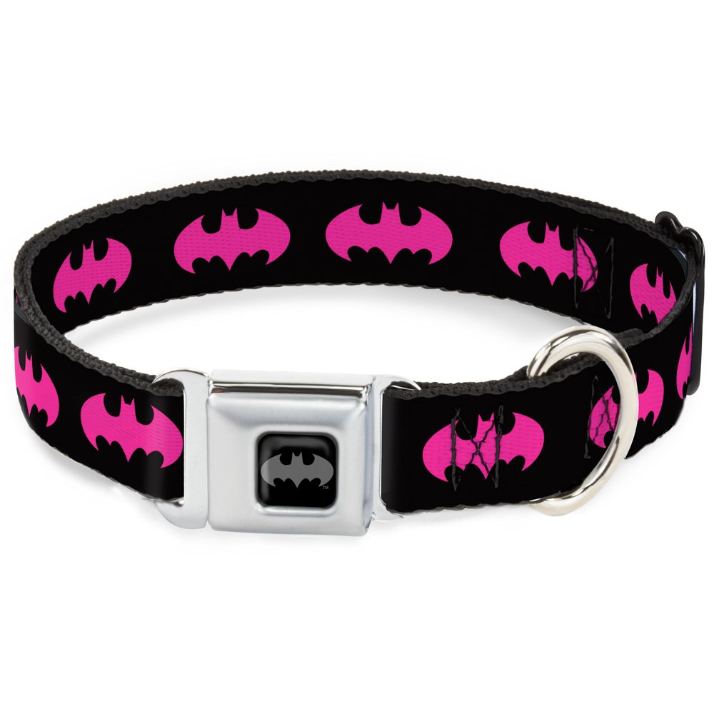 Buckle Down DC-WBM215-WL Black/Fuchsia Batman Seatbelt Buckle Dog Collar, 1.5" Wide-Fits 18-32" Neck-Large