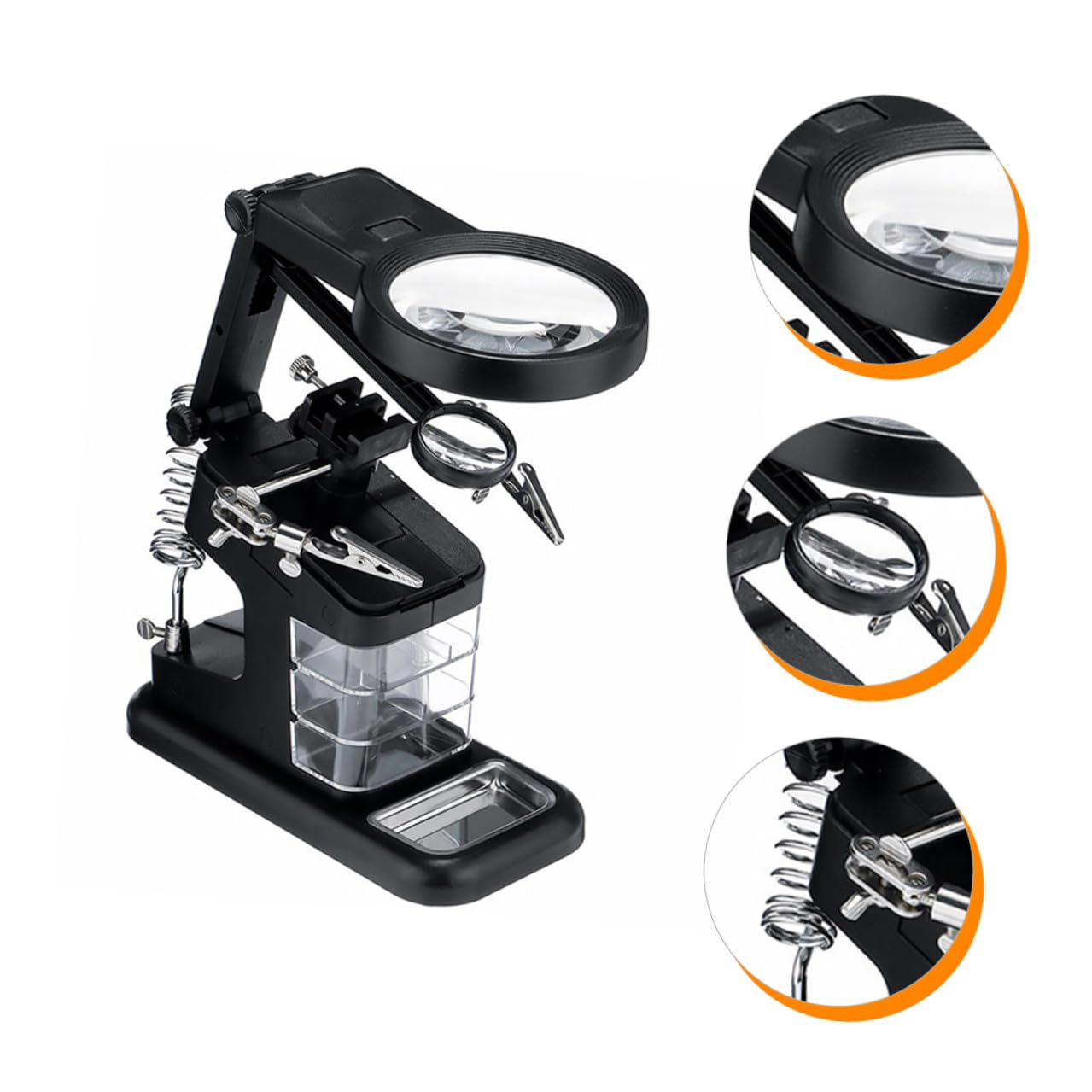 Ipetboom Estación de Lupa de Sobremesa LED Soporte Ajustable, Aumento 3X, Luz Regulable para Soldadura Electrónica y Modelismo, 3 Cajones de Almacenamiento, Uso Profesional en Taller Negro