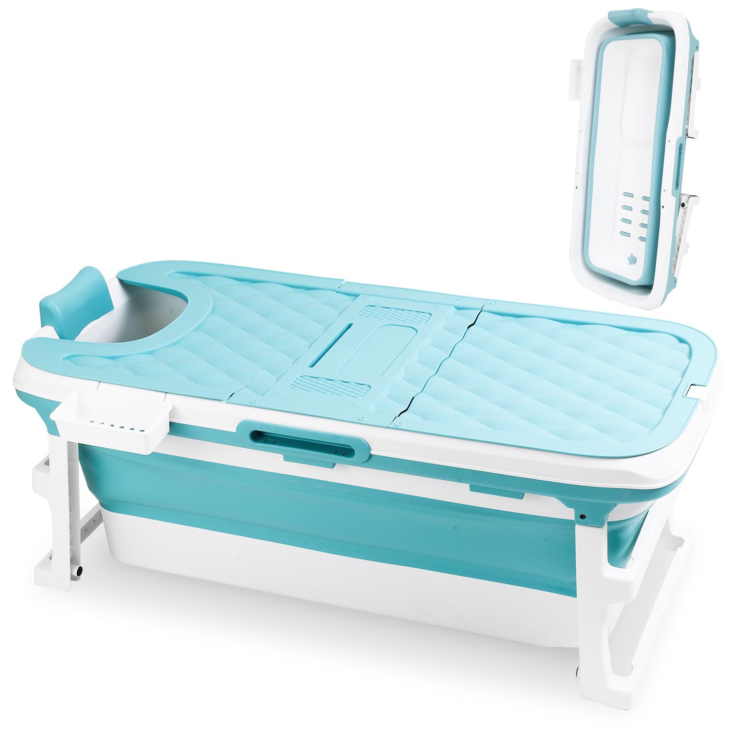Baignoire pliable pour adulte, Baignoire mobile pliante 149×60×50 cm, Portable et peu encombrante, avec couvercle et tuyau de vidange, pour salle de bain, douche et extérieur, Bleu
