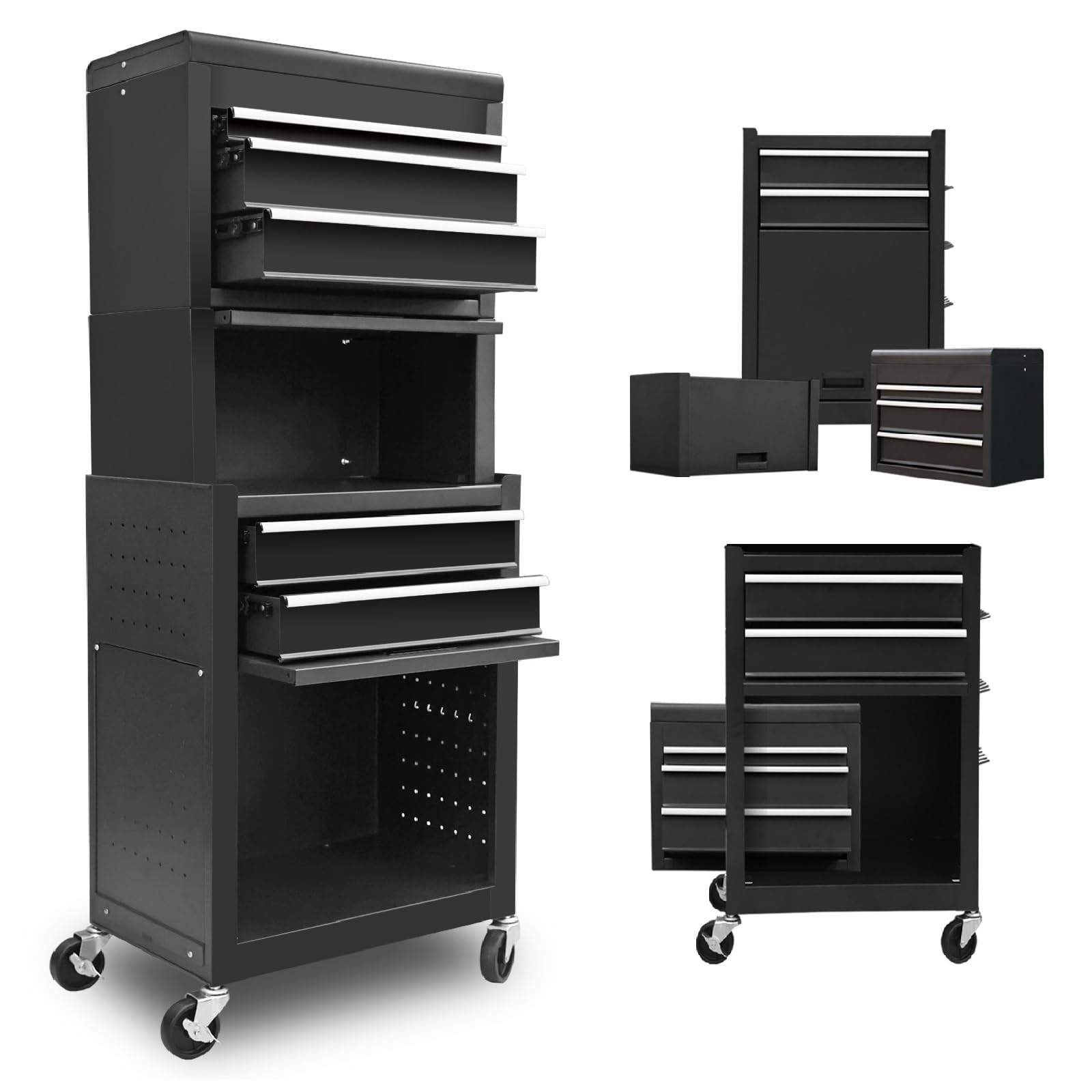 Torin ATB225XBB Rolling Tool Chest for Home & Garage Workshop: 3-in-1 Tool Box Organizer with Lockable Wheels, Sliding Drawers and Detachable Top, Black