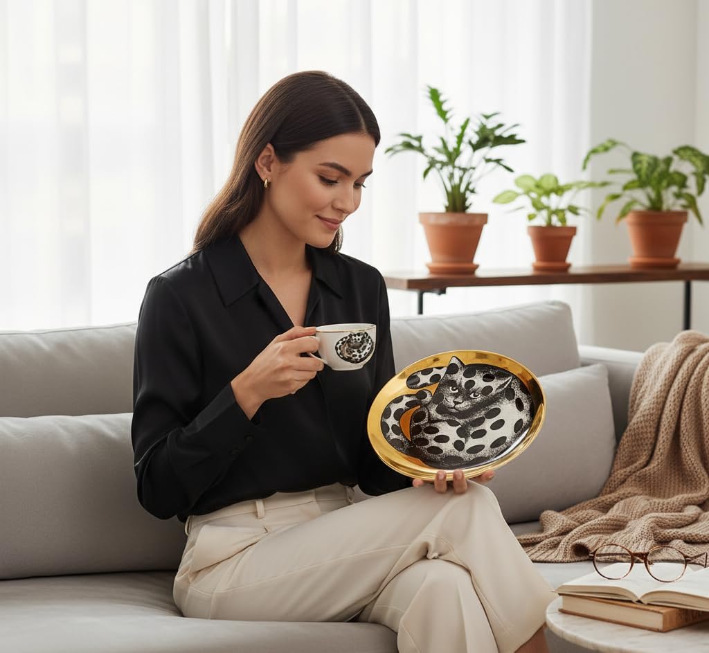 AlphaDesignLuxe Gold Finish Bone China Decorative Plate, Leopard Wall Decor, 8-Inch Art Display with Stand and Wall Mount