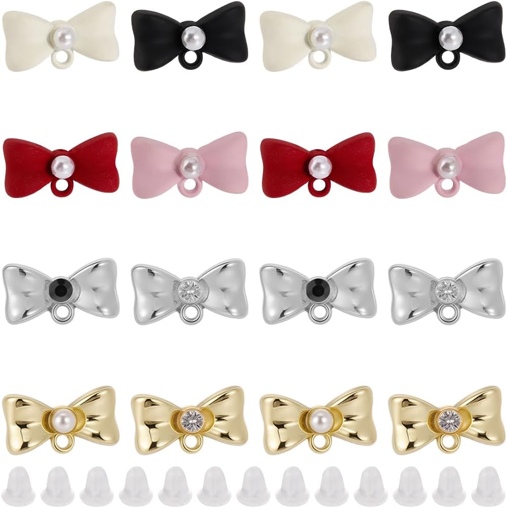 32Pcs 8 Styles Bow Earring Stud Findings Bow Earring Posts Colorful Alloy Cute Imitation Pearl Rhinestone Dangle Ear Accessories with Loop for Jewellery Making DIY Crafts Supplies Women - Image 7