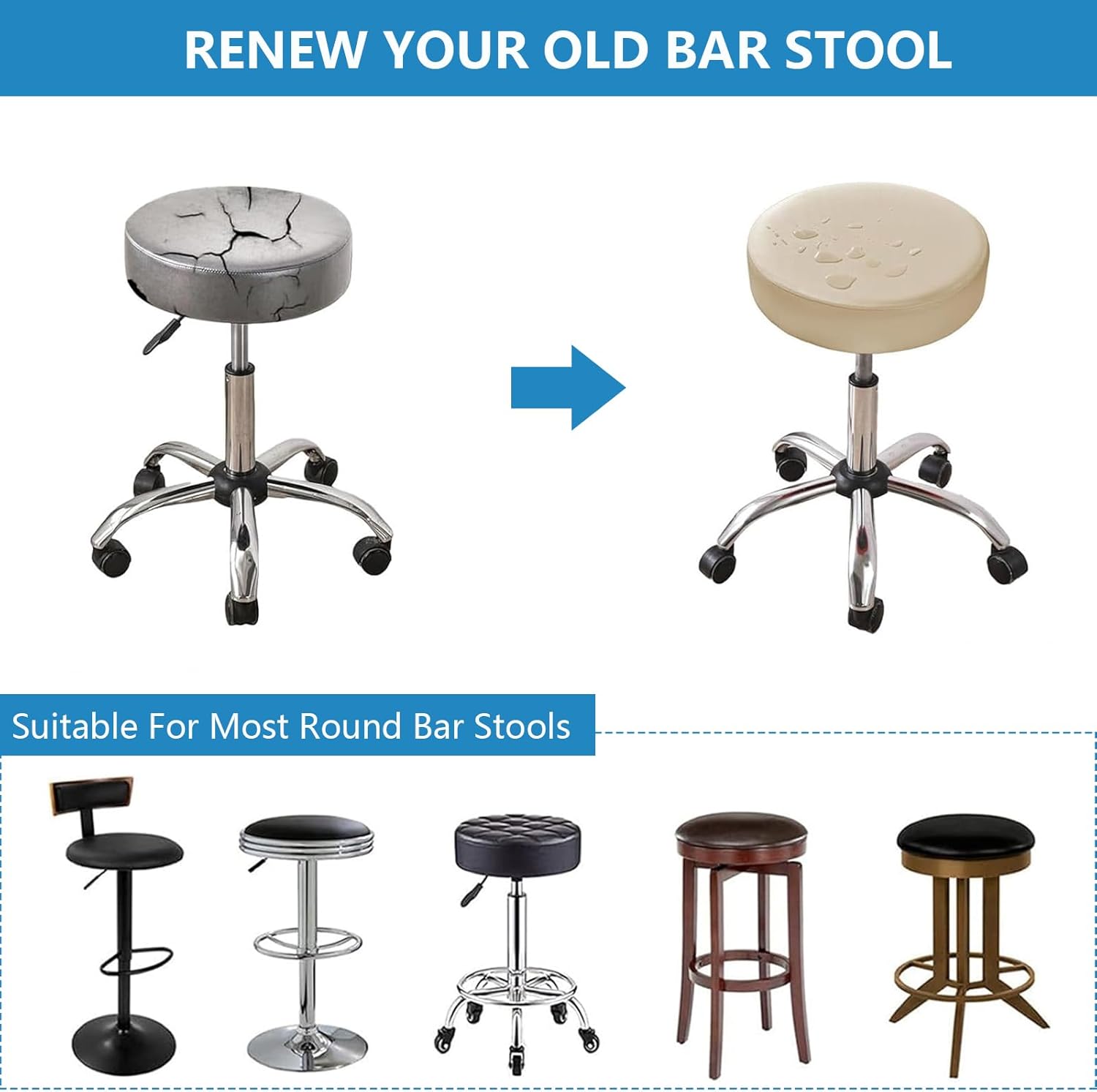 Imitation Leather Round Stool Protective Cover with Elastic Edging to Prevent Shifting(Beige,Set of 6)
