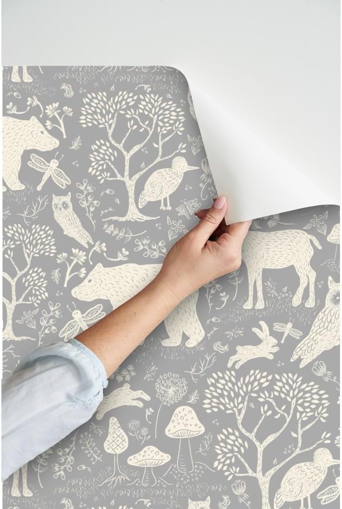 Peel & Stick Wallpaper 12ft x 2ft - Neutral Woodland Animals Bird Nature Deer Animal Owl Tree Baby Custom Removable Wallpaper by Spoonflower