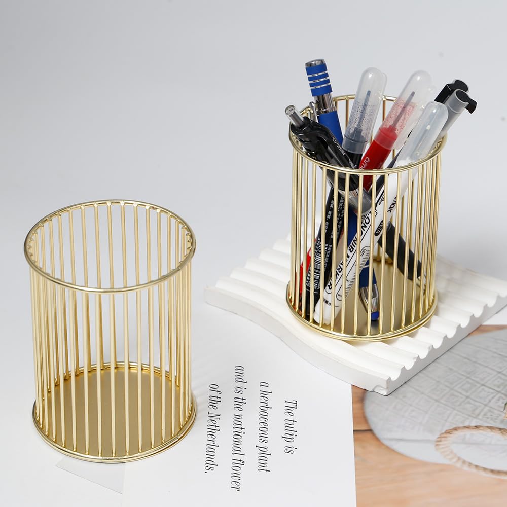 4 Pezzi Portapenne Metallo Oro Portapenne Rotondo da Scrivania Porta Pennelli Dorato Porta Pennelli Make up Portapenne Multifunzione per Pennelli da Trucco, Matite, Spazzolini da Denti