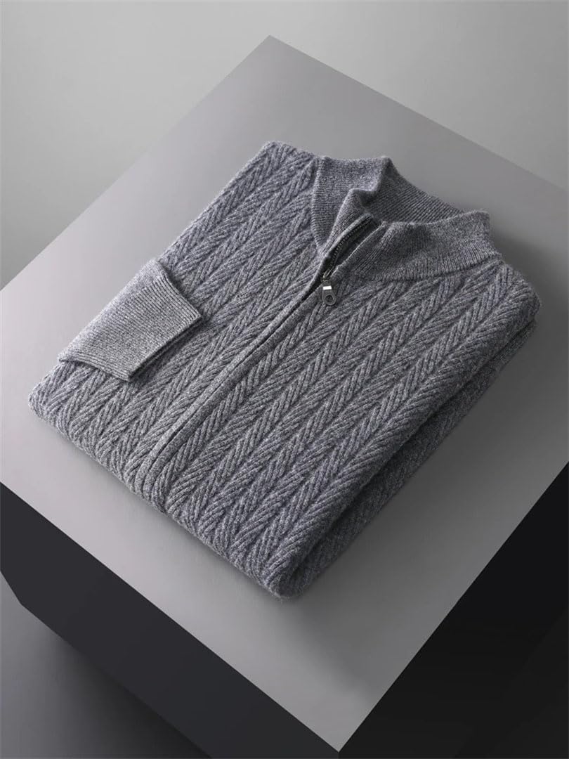 Men's Thick Mock Neck Cardigan 100 Percent Merino Wool Sweater Fall Winter Smart Casual Cashmere Textured Texture