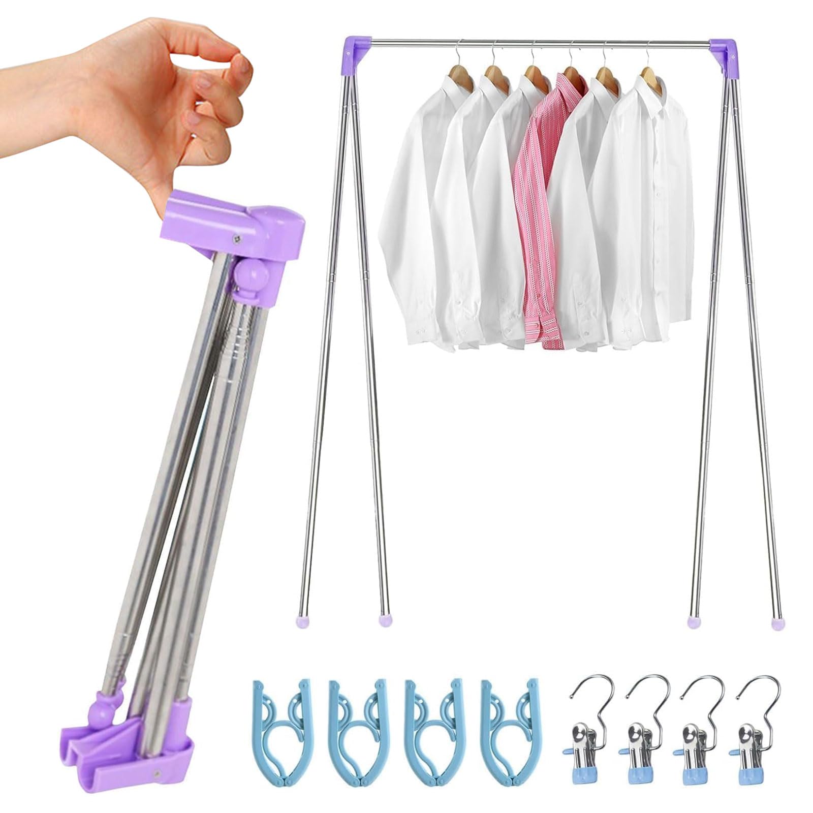 Raheem Portable Clothes Drying Rack Stainless Steel Foldable & Height Adjustable (34–70 cm) with 4 Folding Hangers, 4 Pegs & Storage Bag Travel Laundry Airer for Camping, Balcony, Hotel, RV – Purple