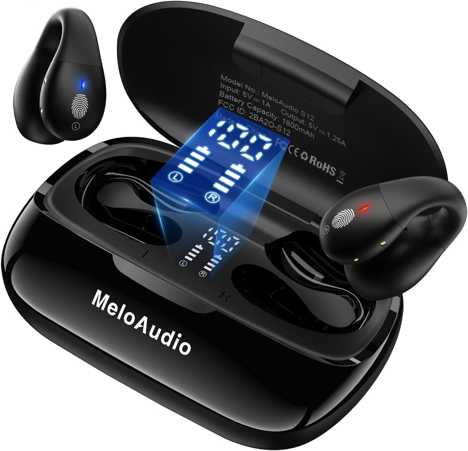 MeloAudio Open Clip Earbuds, Wireless Bluetooth 5.3, Open Ear Headphones 120 Hours Playtime, Charging Case With LED Display, Sport Headphones for Running, Workout, Work, Fitness