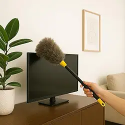 Espanador de Pó 42cm Original Penas Naturais, Cabo Longo, Leve 38g, Reutilizável e Lavável, Ideal para Móveis, Telas, Mesas, Escritório e Residência