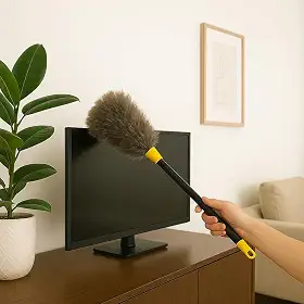 Espanador de Pó 42cm Original Penas Naturais, Cabo Longo, Leve 38g, Reutilizável e Lavável, Ideal para Móveis, Telas, Mesas, Escritório e Residência