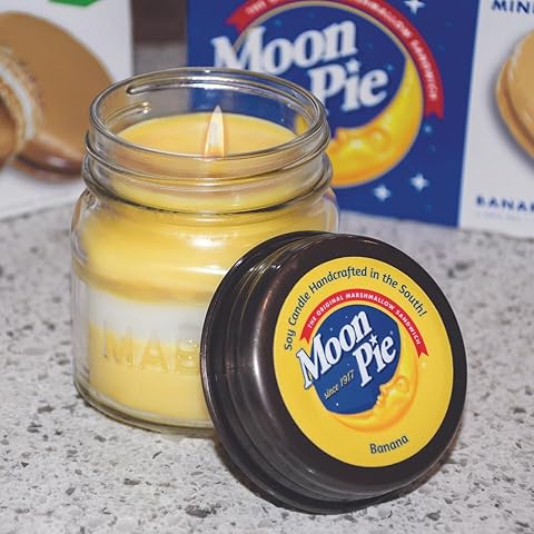 Candle Cottage MP101 8 oz Mason Square Jar Banana MoonPie Highly-Scented Soy Candle, Made in USA, Long Burning Hours, Lead-Free Wick Cover
