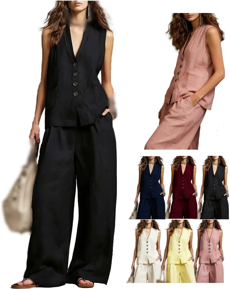 Linen Blend V-neck Sleeveless Button-down Vest and Casual Elastic Waist Pocket Wide-leg Pants Set, Plain Two-Piece Set