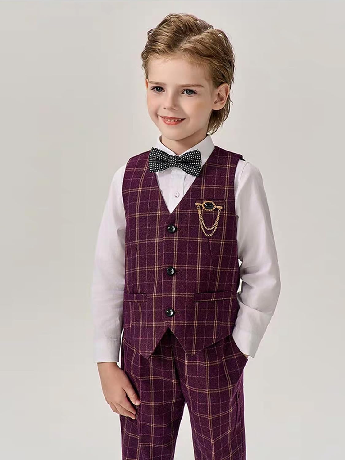LOLANTA Boys Vest Pants Set Plaid Dress Suit with Shirt Kids Tuxedo Formal Wedding Ring Bearer Outfit - Image 3