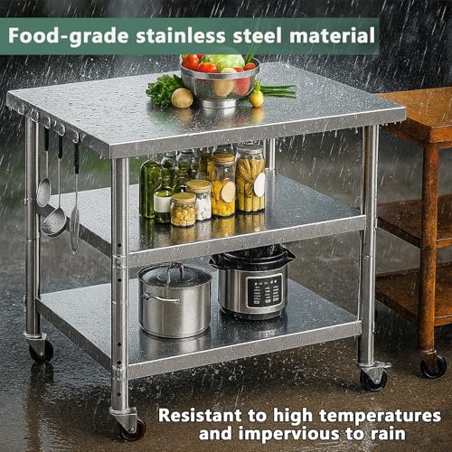 Image of Stainless Steel Table with Wheels for Food Preparation and Work, Multi-Size Optional, Three-Layer Variable Two-Layer Metal Commercial Workbench Outdoor, Restaurant, Kitchen (48 inch Lx32 Wx34 H)