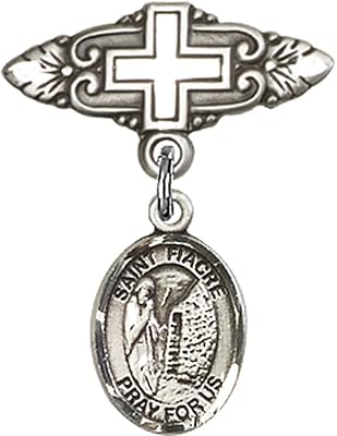 Sterling Silver Baby Badge with St. Fiacre Charm and Badge Pin with Cross 1 X 3/4 inches