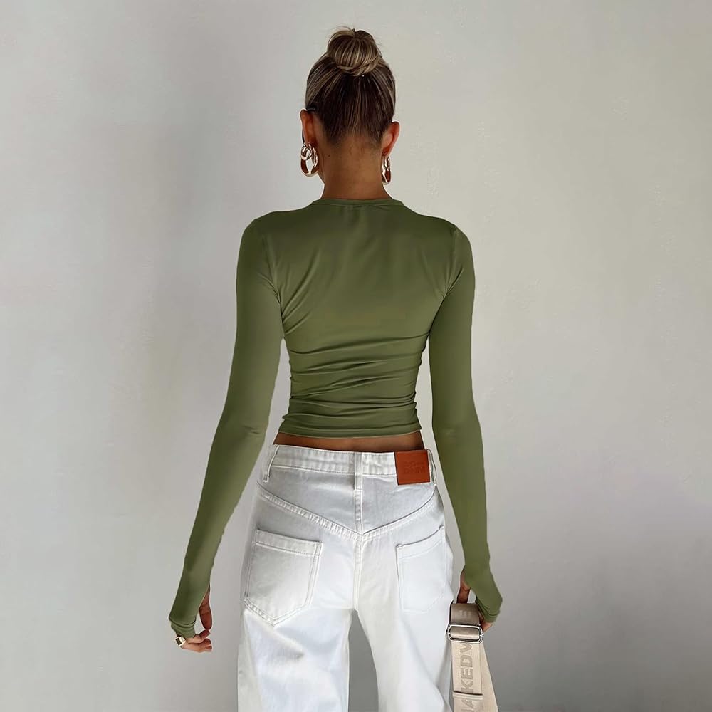 Womens Long Sleeve Crop Tops Basic Layering Going Out Tight